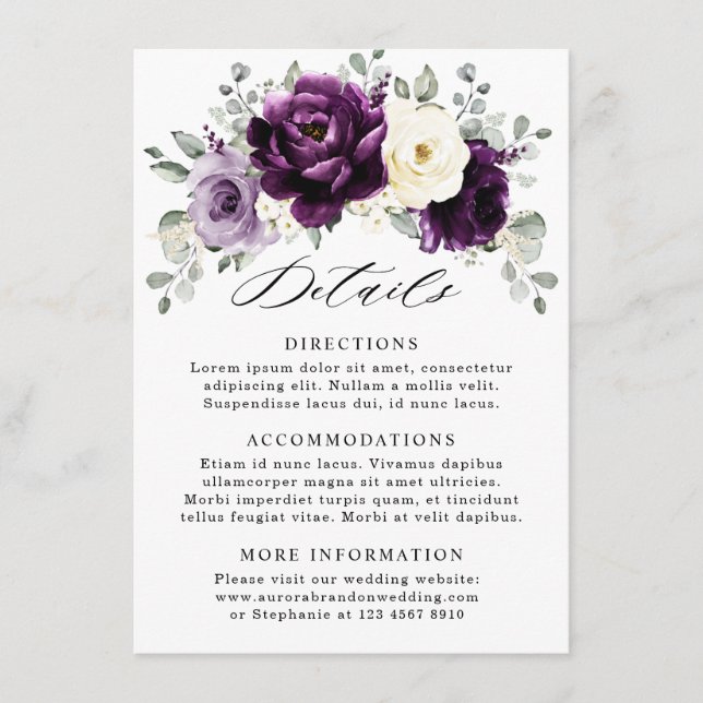 Eggplant Purple Plum Ivory White Floral Wedding Enclosure Card (Front)