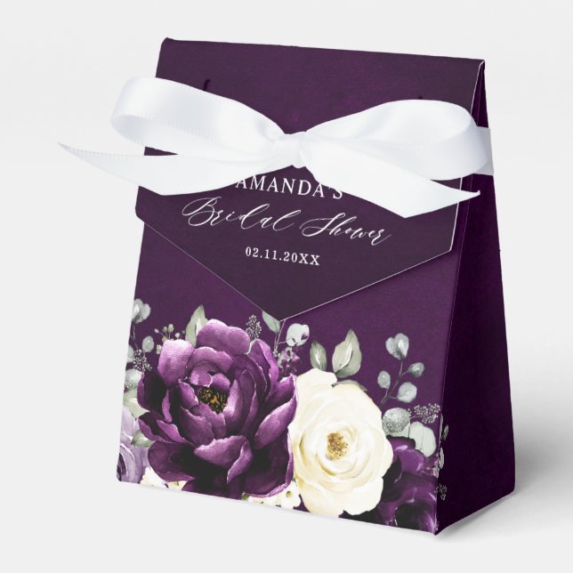 Eggplant Purple Plum Ivory White Floral Wedding Fa Favor Box (Front Side)
