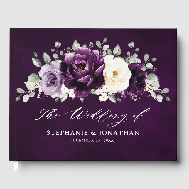 Eggplant Purple Plum Ivory White Floral Wedding Gu Guest Book (Front)