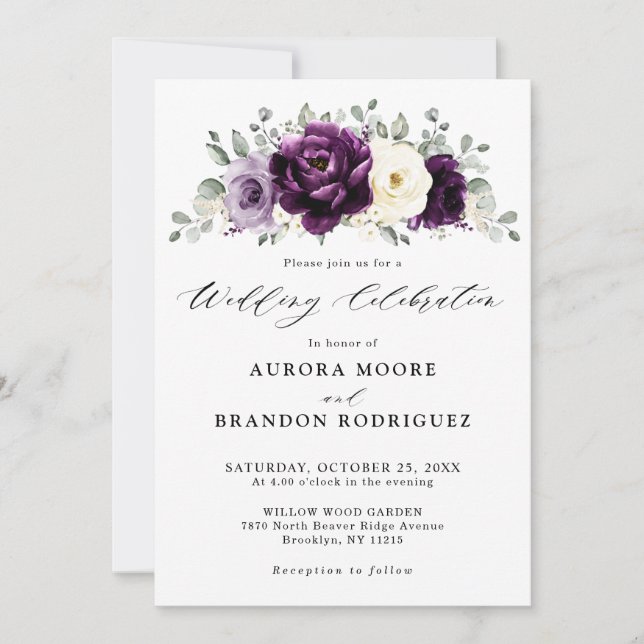 Eggplant Purple Plum Ivory White Floral Wedding Invitation (Front)