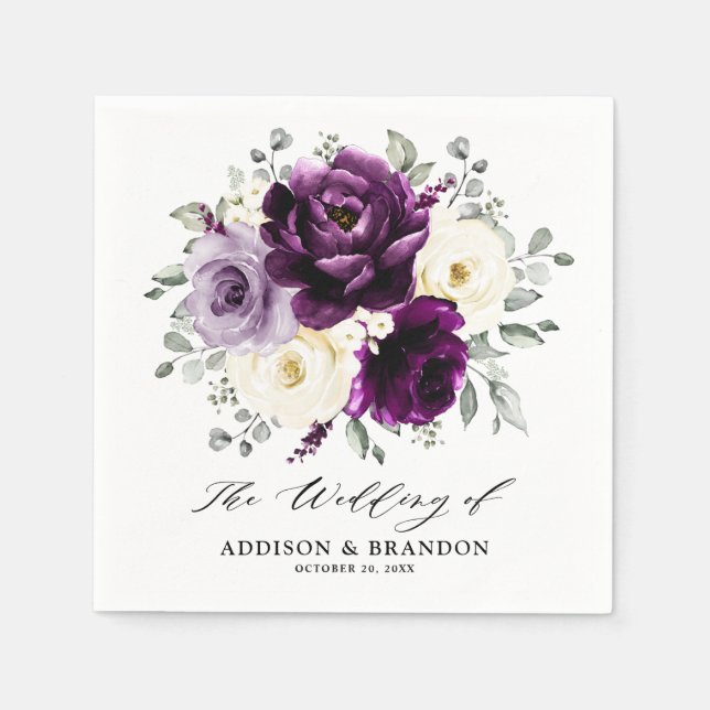 Eggplant Purple Plum Ivory White Floral Wedding Napkin (Front)