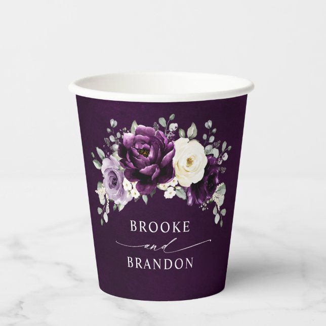 Eggplant Purple Plum Ivory White Floral Wedding Pa Paper Cups (Front)