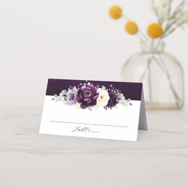 Eggplant Purple Plum Ivory White Floral Wedding Pl Place Card (Front)