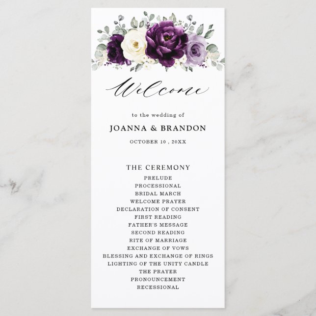 Eggplant Purple Plum Ivory White Floral Wedding Program (Front)