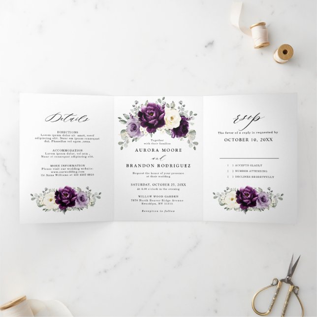 Eggplant Purple Plum Ivory White Floral Wedding Tri-Fold Announcement (Inside)