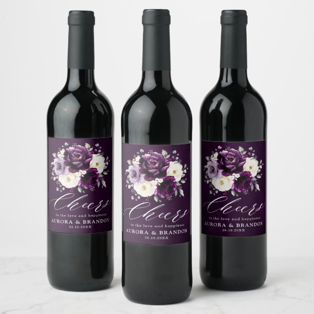 Eggplant Purple Plum Ivory White Floral Wedding Wi Wine Label (Bottles)