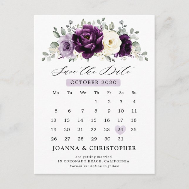 Eggplant Purple Plum Ivory White Save the Date     Postcard (Front)