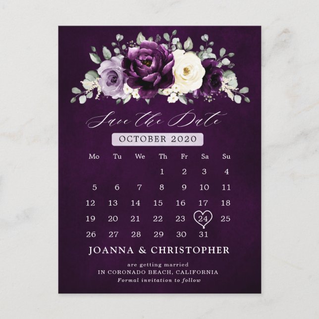 Eggplant Purple Plum Ivory White Save the Date     Postcard (Front)