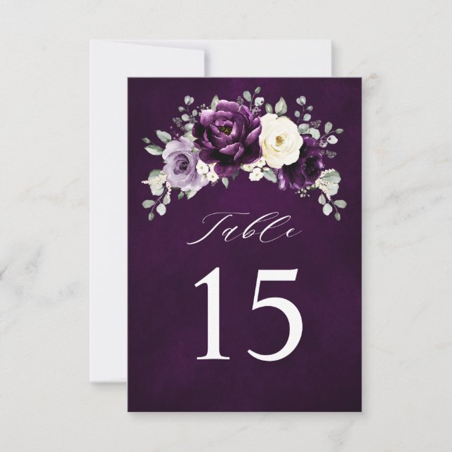 Eggplant Purple Plum Ivory White Table Number card (Front)