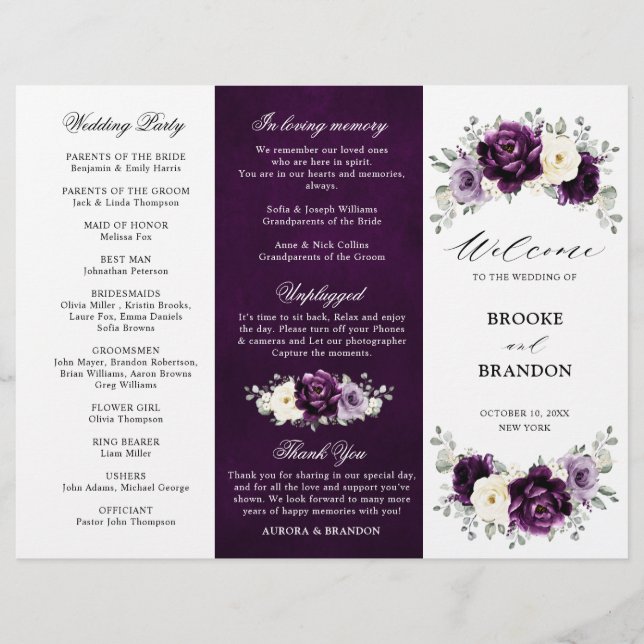 Eggplant Purple Plum Ivory White Tri-Fold Program  (Front)