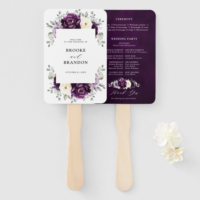 Eggplant Purple Plum Ivory White Wedding Program H Hand Fan (Front and Back)
