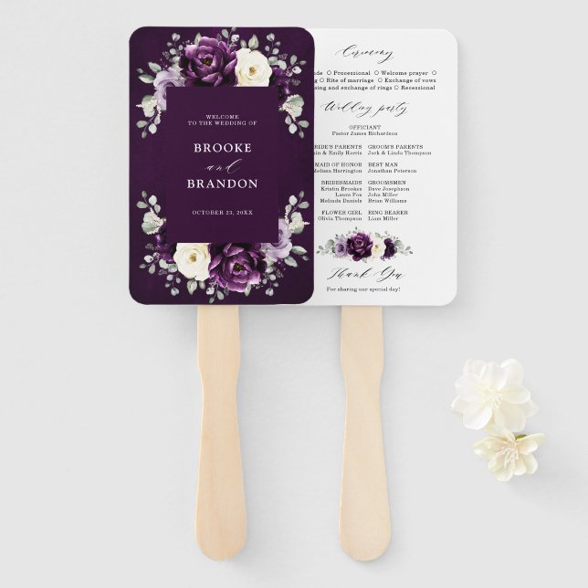 Eggplant Purple Plum Ivory White Wedding Program H Hand Fan (Front and Back)