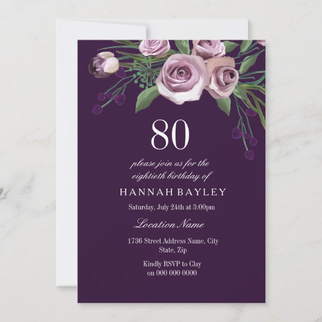 Eggplant Purple Plum Rose Womans 80th Birthday Invitation (Front)