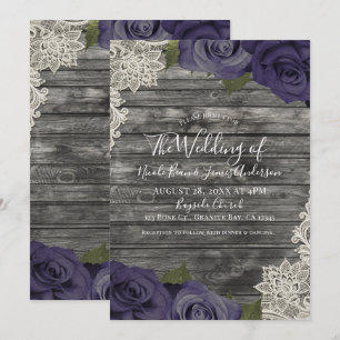 Eggplant Purple Roses Rustic Wood Lace Wedding Invitation