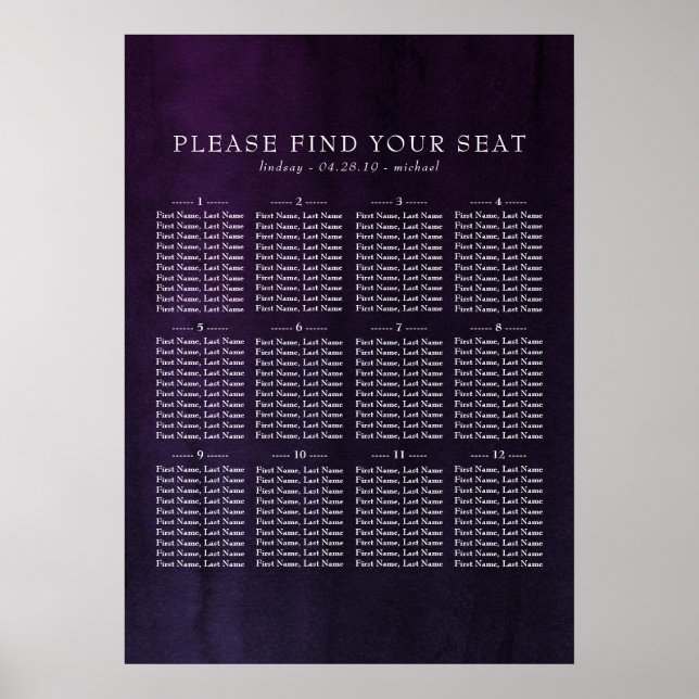 Eggplant Purple Watercolors Wedding Seating Chart (Front)