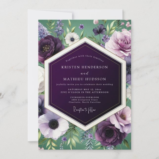 Eggplant Rich Botanical Wedding Invitation (Front)