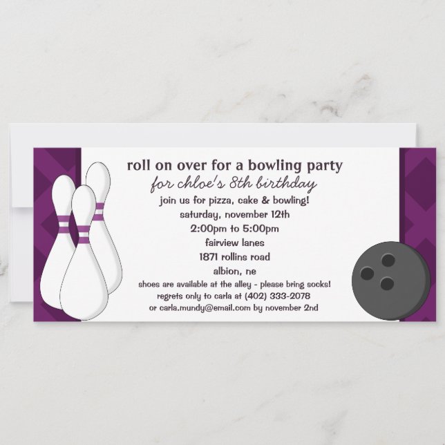 Eggplant Roll on Over Bowling Birthday Part Invitation (Front)