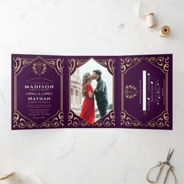 Eggplant Royal Medieval Fantasy Monogram Wedding Tri-Fold Invitation (Inside)