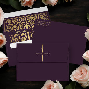 Eggplant Royal Medieval Gold Sword Wedding Envelope