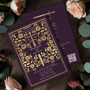 Eggplant Royal Medieval Gold Sword Wedding QR Code Invitation