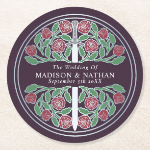 Eggplant Royal Medieval Silver Sword Wedding Round Paper Coaster