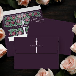 Eggplant Royal Silver Floral Sword Fantasy Wedding Envelope