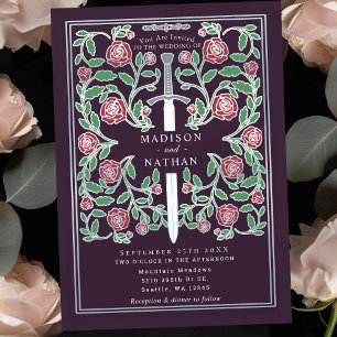 Eggplant Silver Sword Medieval Fantasy Wedding Invitation