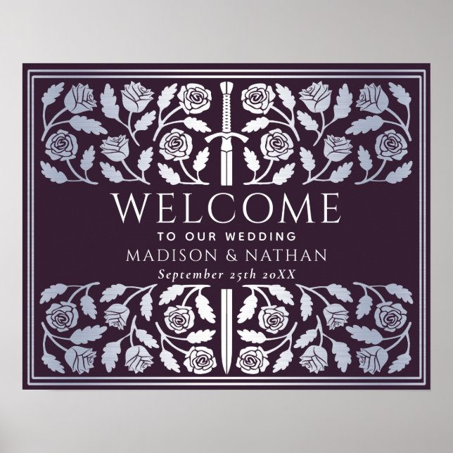 Eggplant Silver Sword Royal Wedding Welcome Sign (Front)
