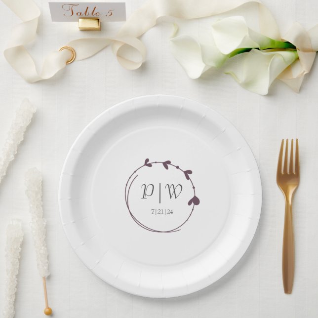 Eggplant Simple Heart Wreath Monogram Wedding Paper Plate (Wedding)