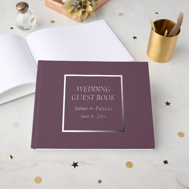 Eggplant Simple Stylized Lettering Wedding Guest Book (Front Open)