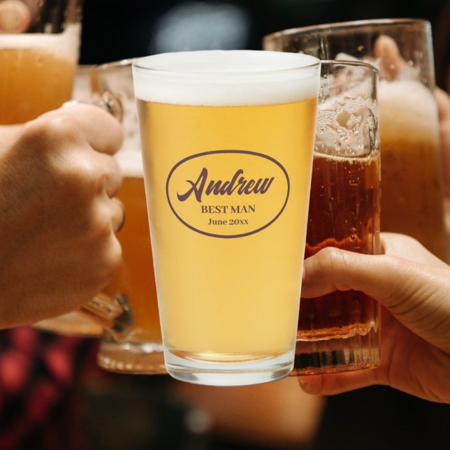 Eggplant Stylized Name Wedding Best Man Glass (In Situ)