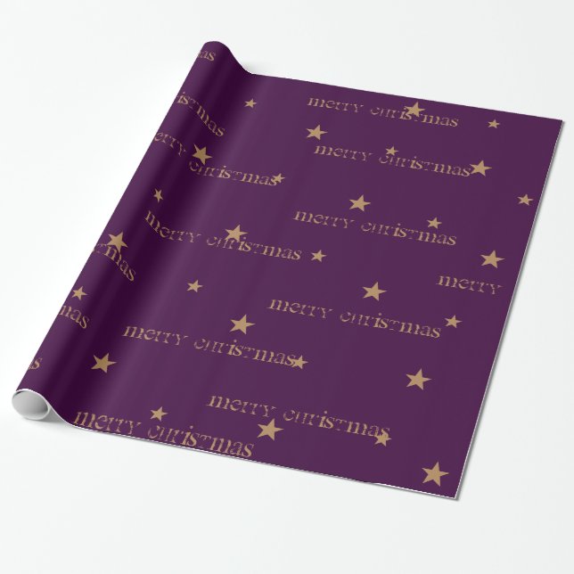 Eggplant & Tan Merry Christmas Star Gift Wrap (Unrolled)