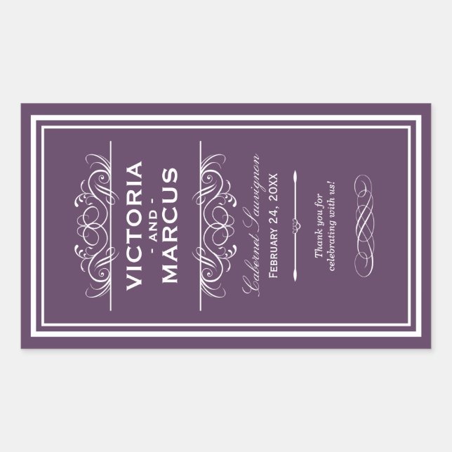 Eggplant Wedding Wine Bottle Monogram Favour Sticker (Front)