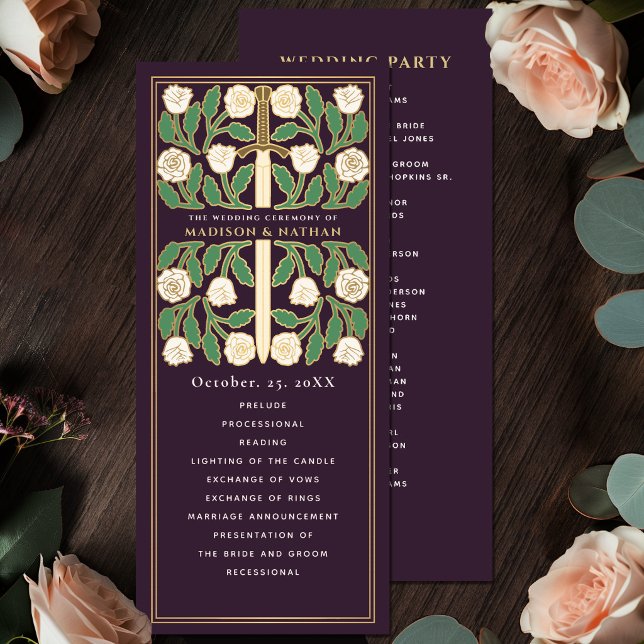 Eggplant White Floral Gold Sword Royal Wedding Program (Creator Uploaded)