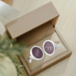 Eggplant with White Stylized Monogram Cufflinks<br><div class="desc">A pair of sterling silver plated, round cufflinks for the fashionable man to match his outfit that feature a trendy, eggplant colour along with his name printed in white, upper case letters and superimposed with white, stylized initials. Personalize cufflinks by editing and replacing name and initials as desired. A classy...</div>
