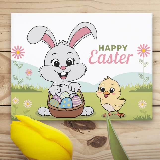 Eggs, Bunny and Chick - Happy Easter Postcard (Eggs, Bunny and Chick - Happy Easter Postcard)