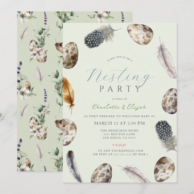 Eggs & Feathers Green Nesting Party Baby Shower Invitation (Front/Back)