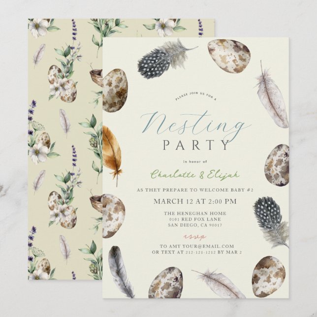 Eggs & Feathers Yellow Nesting Party Baby Shower Invitation (Front/Back)