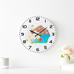 Eggs in Blue Bowl with Flowers and Heart Large Clock