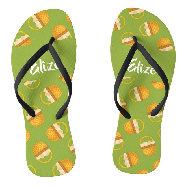Eggs in brown basket on green flip flops (Footbed)