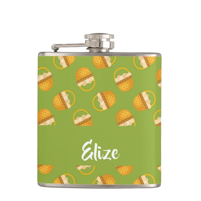 Eggs in brown basket on green hip flask (Front)