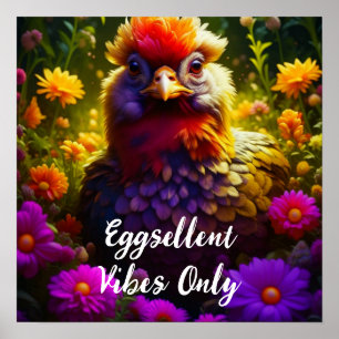 Eggsellent Vibes Only Colourful Chicken Art Poster