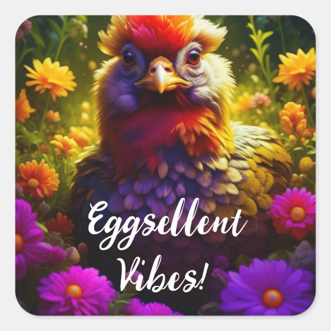 Eggsellent Vibes! | Pretty Colourful Chicken Art Square Sticker (Front)