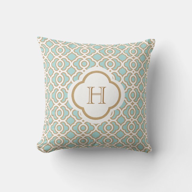 Eggshell Blue and Gold Moroccan Monogram Throw Pillow (Front)
