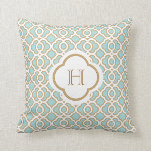 Eggshell Blue and Gold Moroccan Monogram Throw Pillow