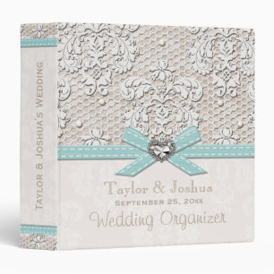 Eggshell Blue Antique Lace Pearls Wedding Planner Binder