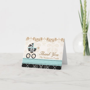 Eggshell Blue Damas Baby Carriage Shower Thank You Card