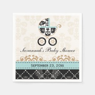 Eggshell Blue Damask Carriage Baby Shower Napkin