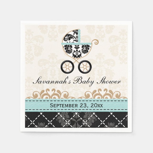 Eggshell Blue Damask Carriage Baby Shower Napkin (Front)
