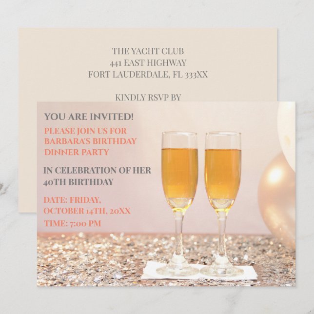 Eggshell gold 40th birthday champagne  invitation (Front/Back)